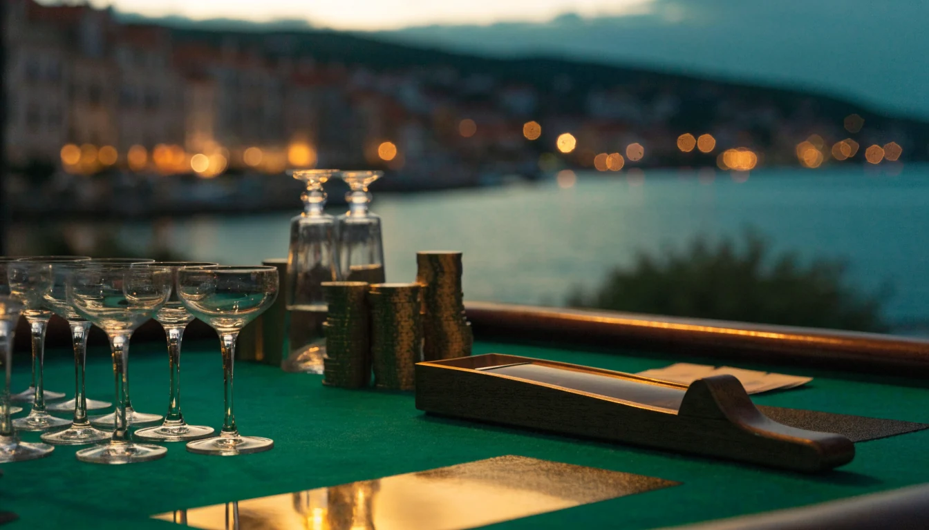 Elegantni baccarat stol u luksuznom casinu uz jadransku obalu noću