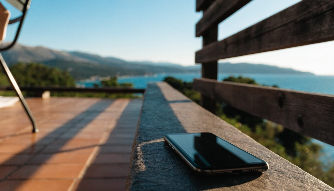 Android telefon na terasi s pogledom na Jadransko more u Hrvatskoj