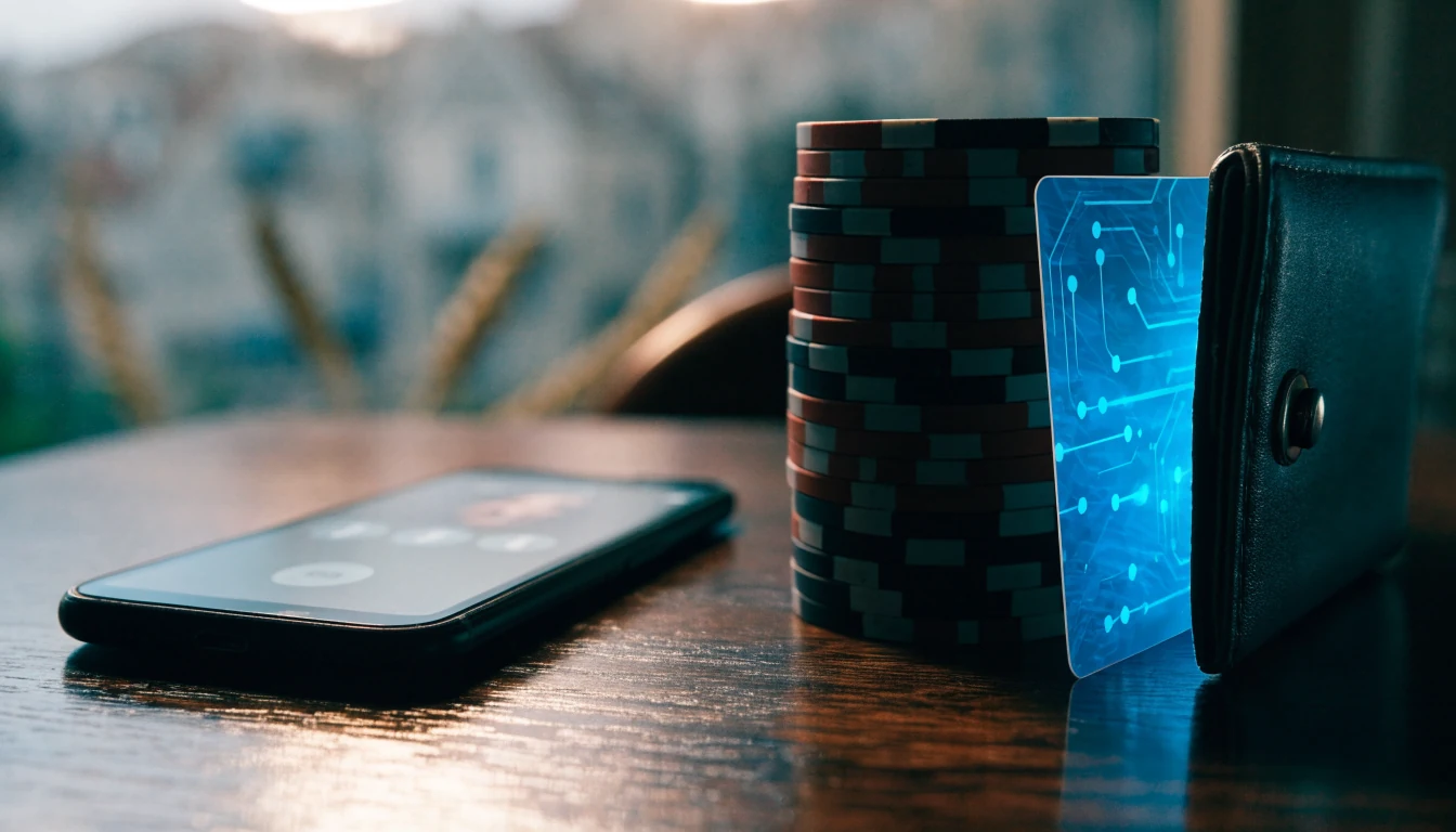 Stol s pametnim telefonom, karticama i žetonima za casino