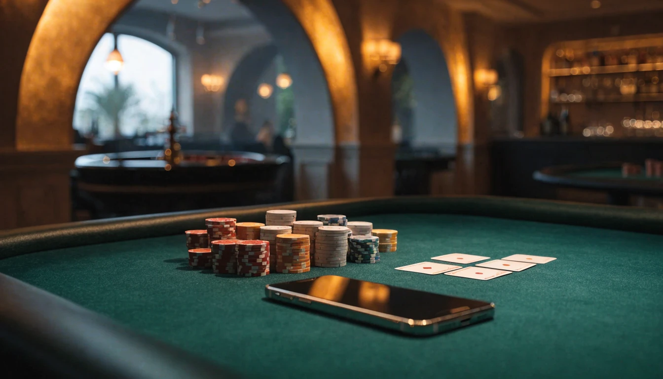 Elegantni casino interijer s čipovima, kartama i pametnim telefonom na stolu