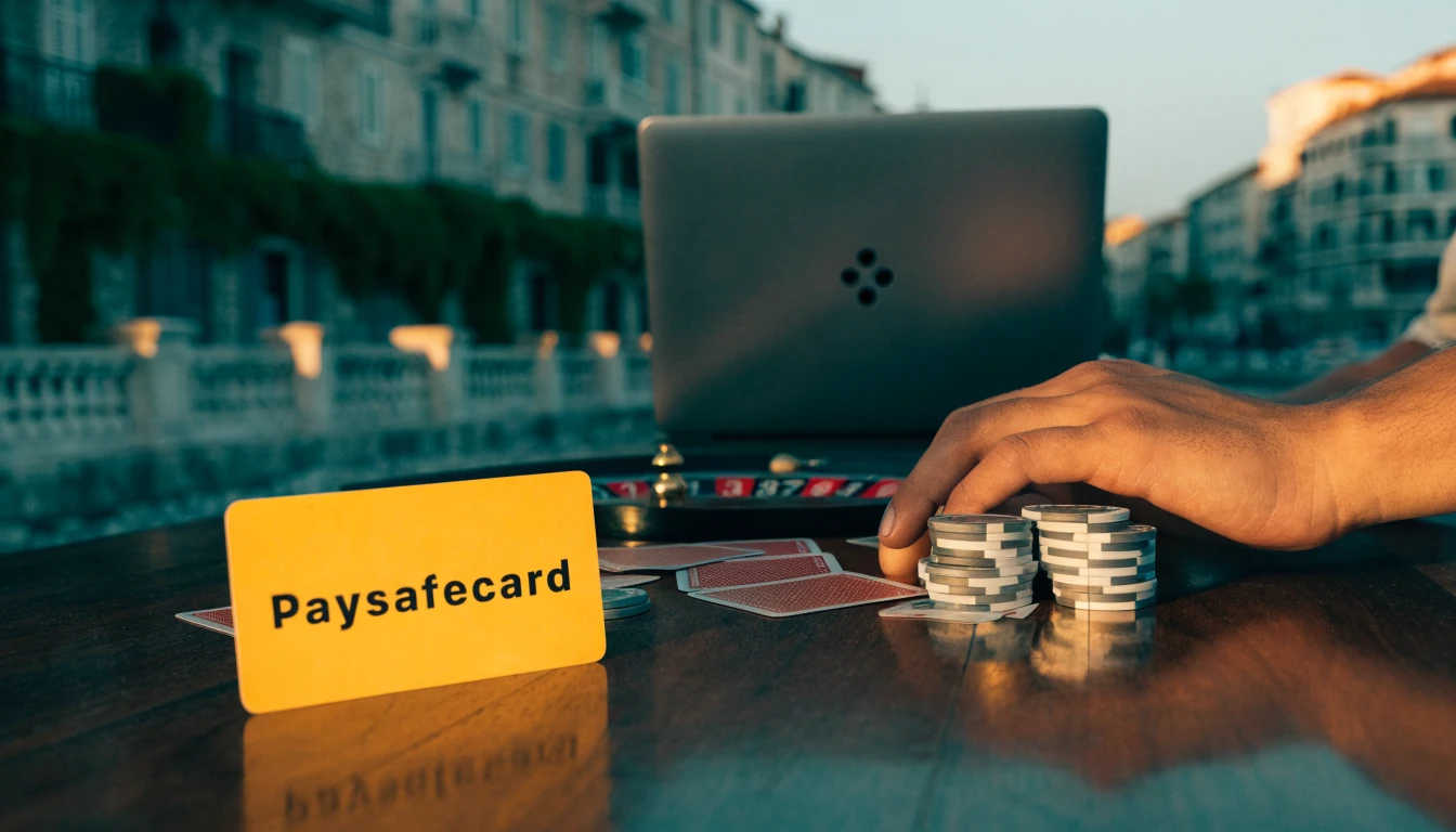 Paysafecard bon, kockice i ruleta na stolu uz obalu