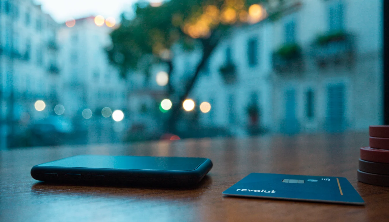 Revolut kartica i žetoni uz pametni telefon uz pogled na hrvatsku obalu