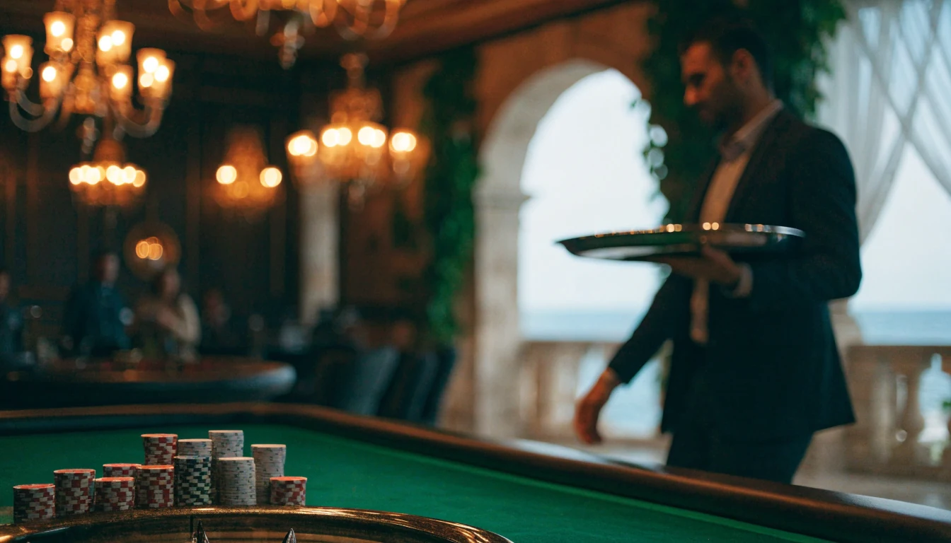 Elegantna casinoska dvorana s ruletnim stolom, hrpama žetona i toplom zlatnom rasvjetom