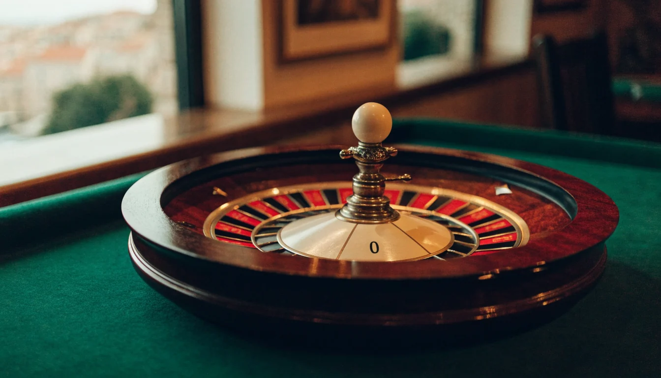 Kotač ruleta sa kuglicom na zelenom stolu