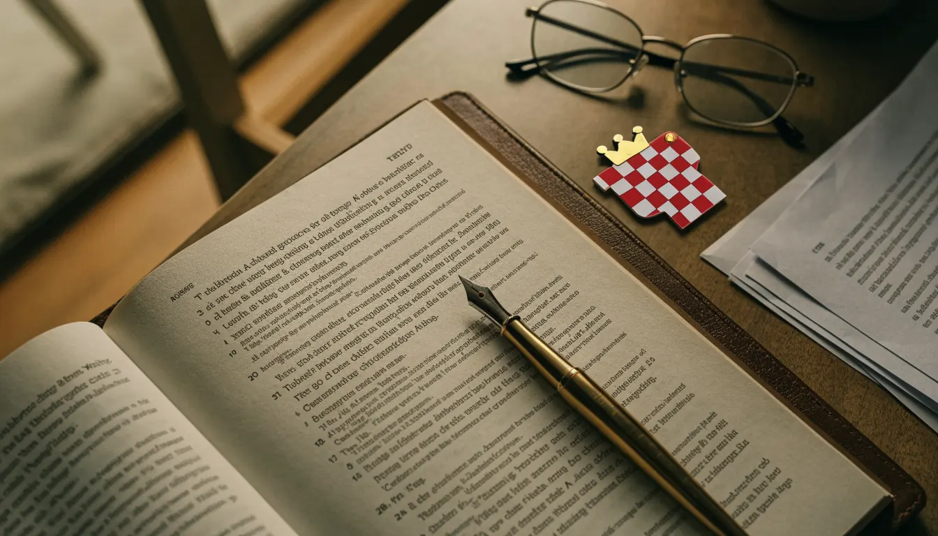 Otvoreni pravni dokument na drvenom stolu s nalovnicom i priborom za pisanje