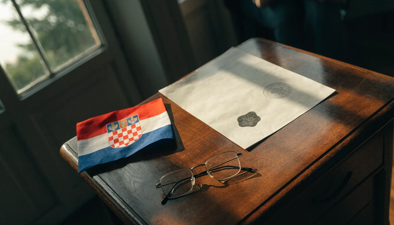 Službeni dokument s pečatom na stolu pored hrvatske zastave