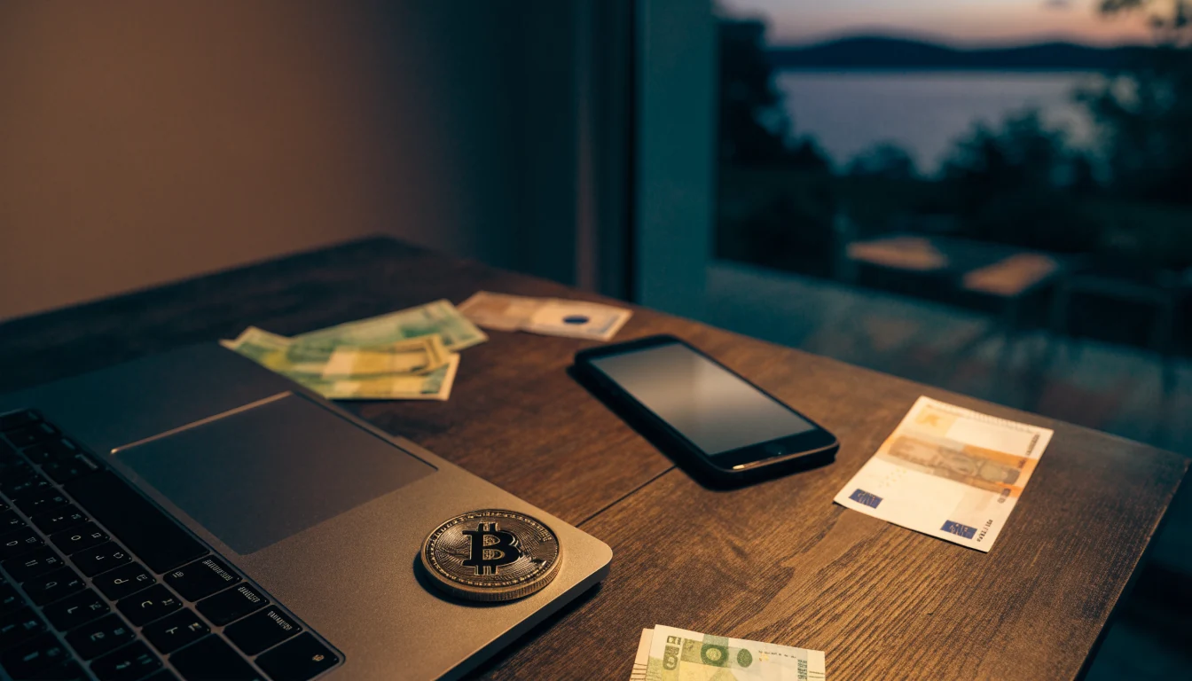 Stol s laptopom, Bitcoin kovanicom i euro novčanicama