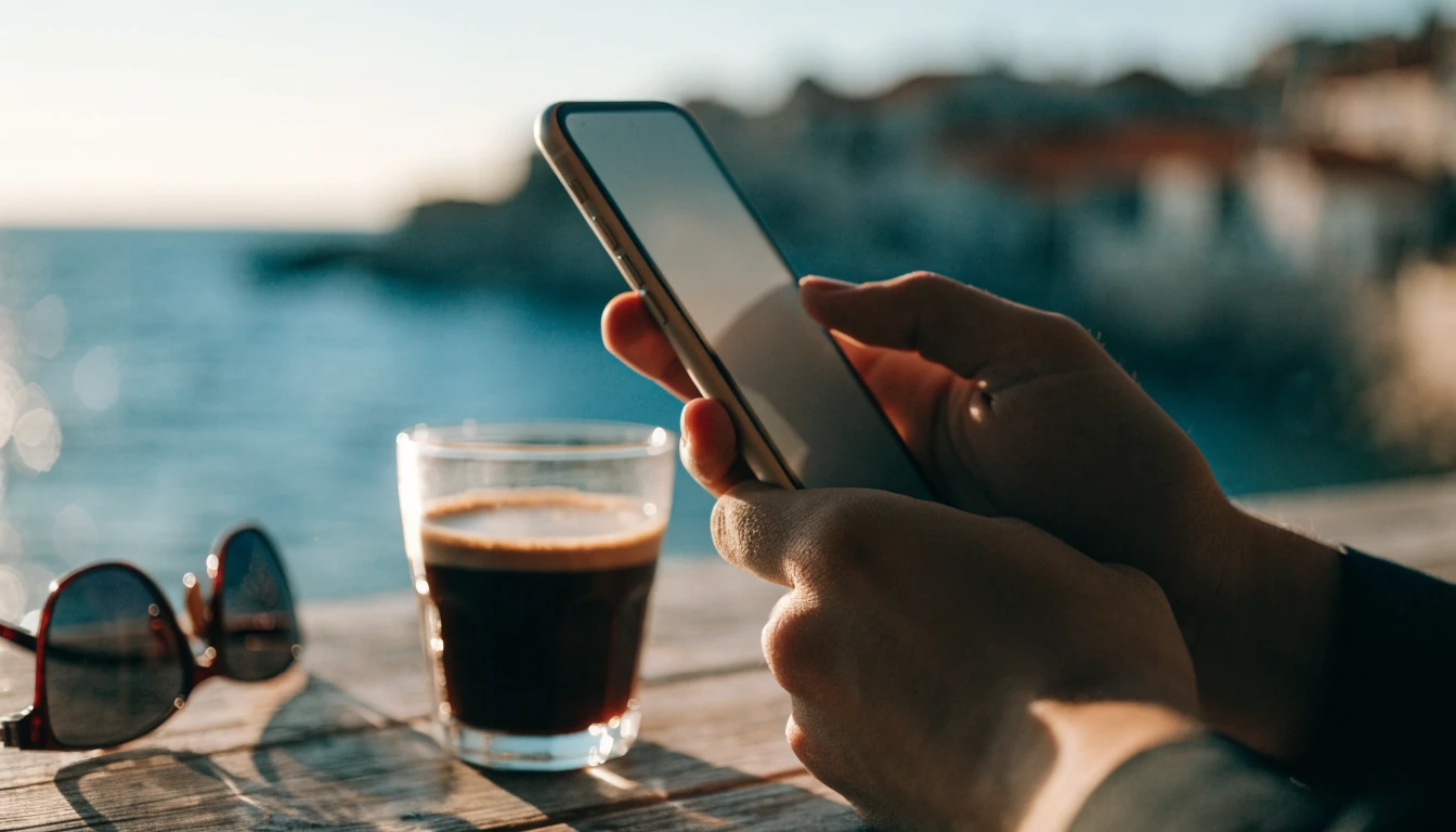Osoba drži pametni telefon na terasi uz jadransku obalu