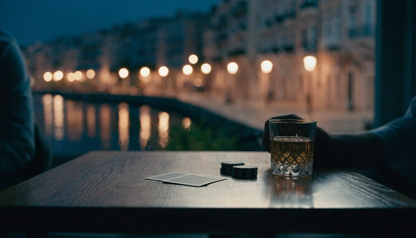Karte i žetoni na stolu uz pogled na hrvatsku obalu noću