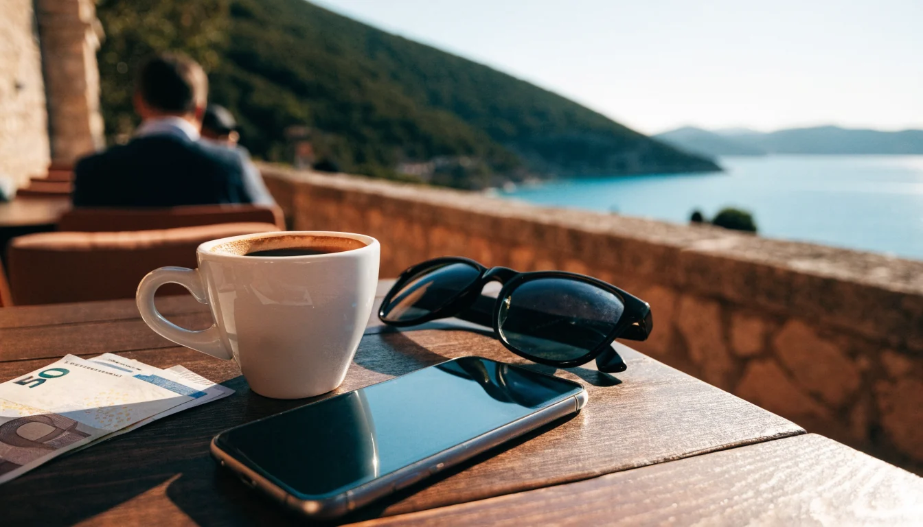 Pametni telefon na stolu uz kavu i eure, mediteranski ambijent hrvatske obale