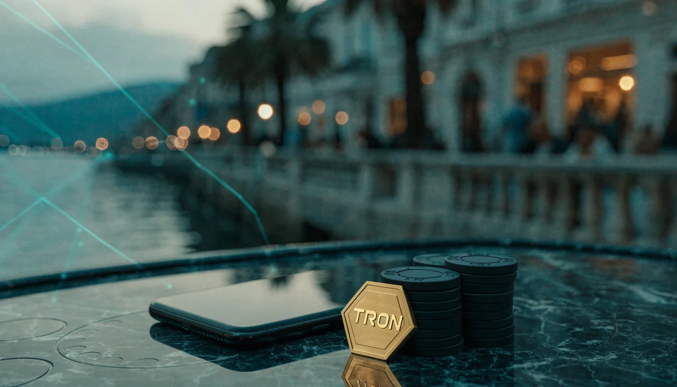 Hrvatska obala s kripto kasino stolom i TRON simbolom